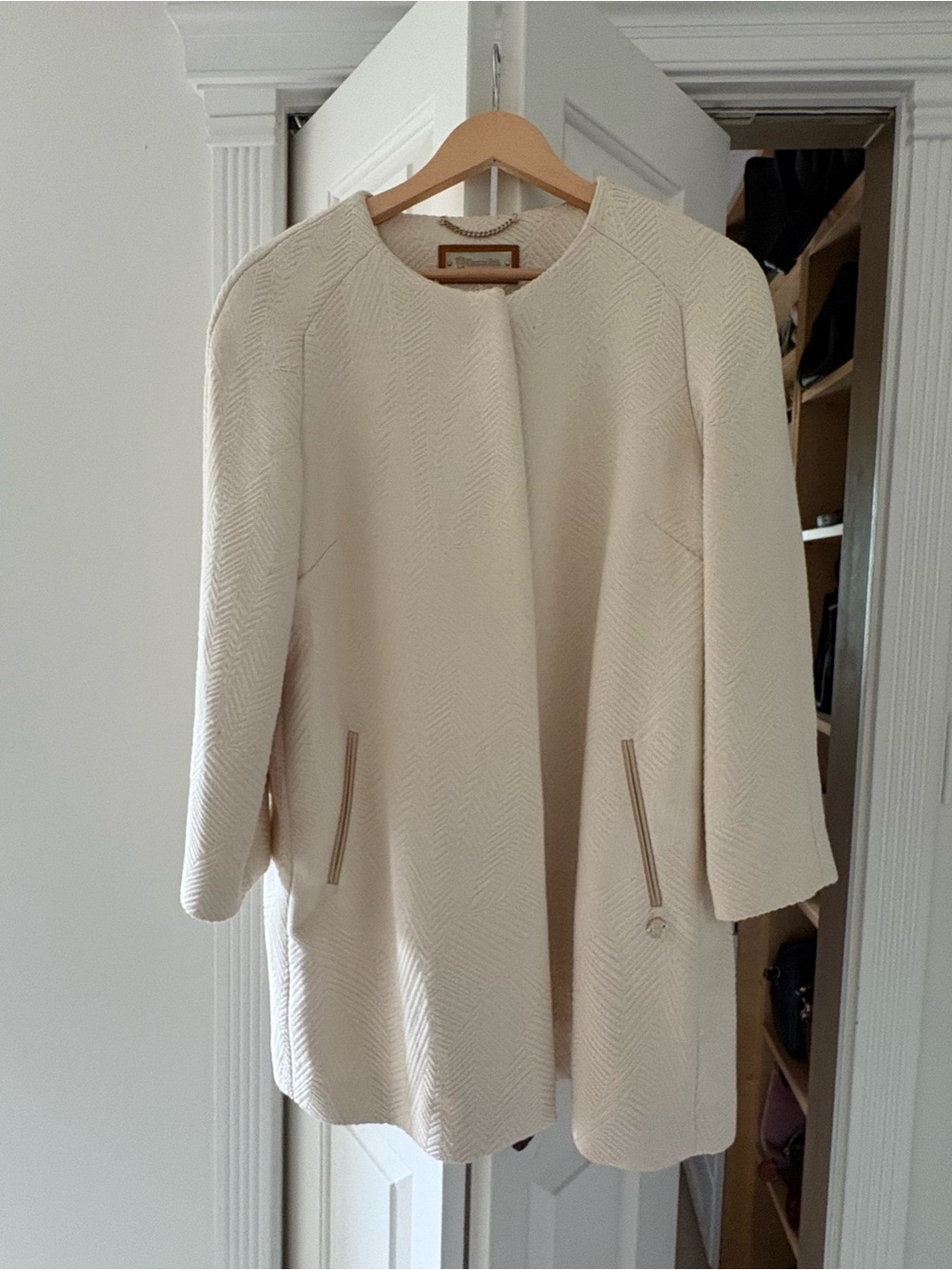 Massimo Dutti Cream Textured Open-Front Pea Coat